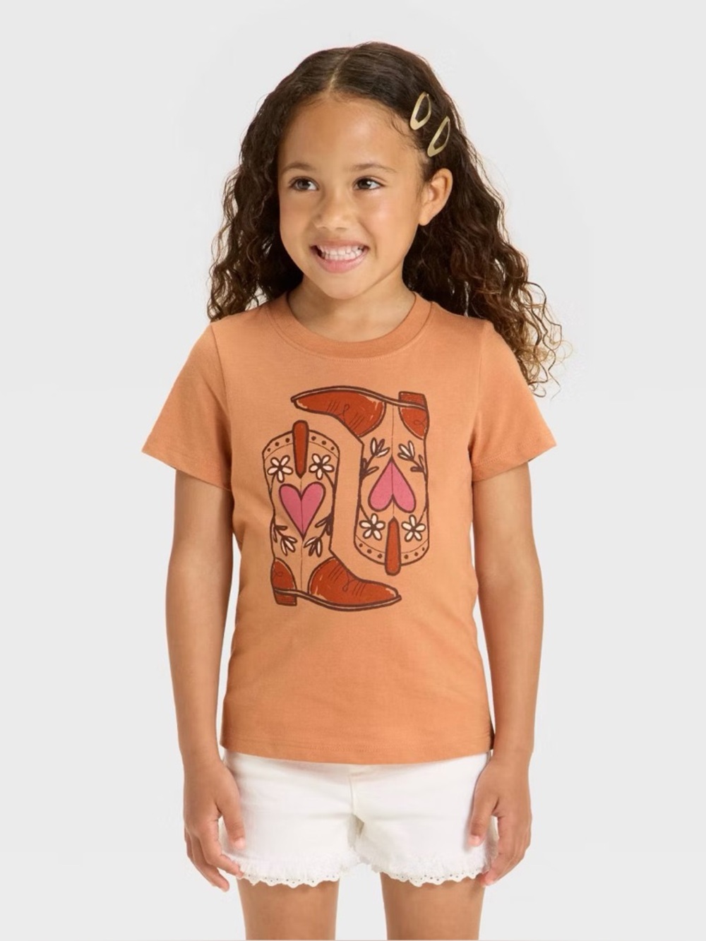 Toddler Girls Orange Graphic Tee with Heart Cowboy Boots